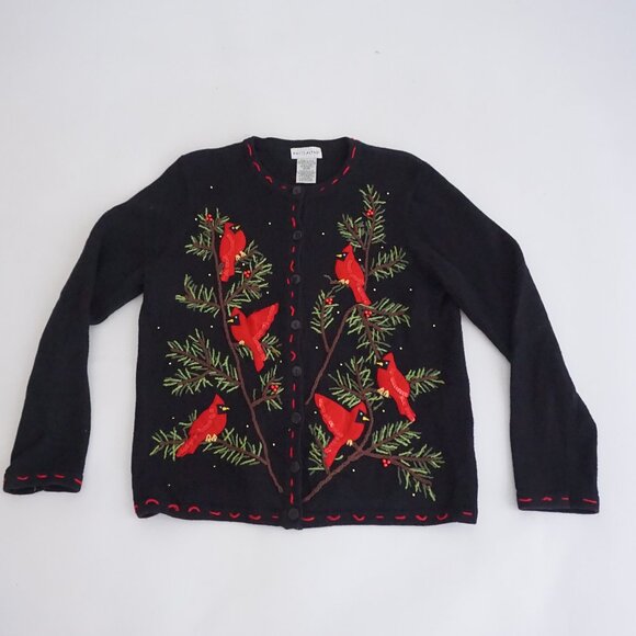Vintage White Stag Black Cardinal Cardigan Festive Ugly Christmas Cardigan XL - Picture 1 of 10